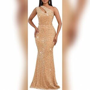 Women's Apricot Gold Sequin Elegant Sexy One Shoulder Tassel Mermaid Dress XL